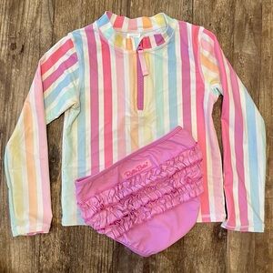 Ruffle Butts Two-Piece Long Sleeve Rash Guard Bikini Stripes and Bubble Gum Pink